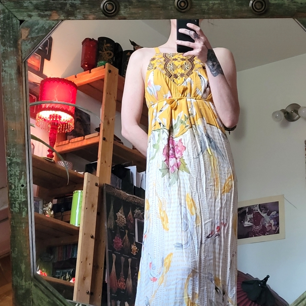 Anthropologie One September Paradiso Koi Fish Embroidered Maxi Dress - S